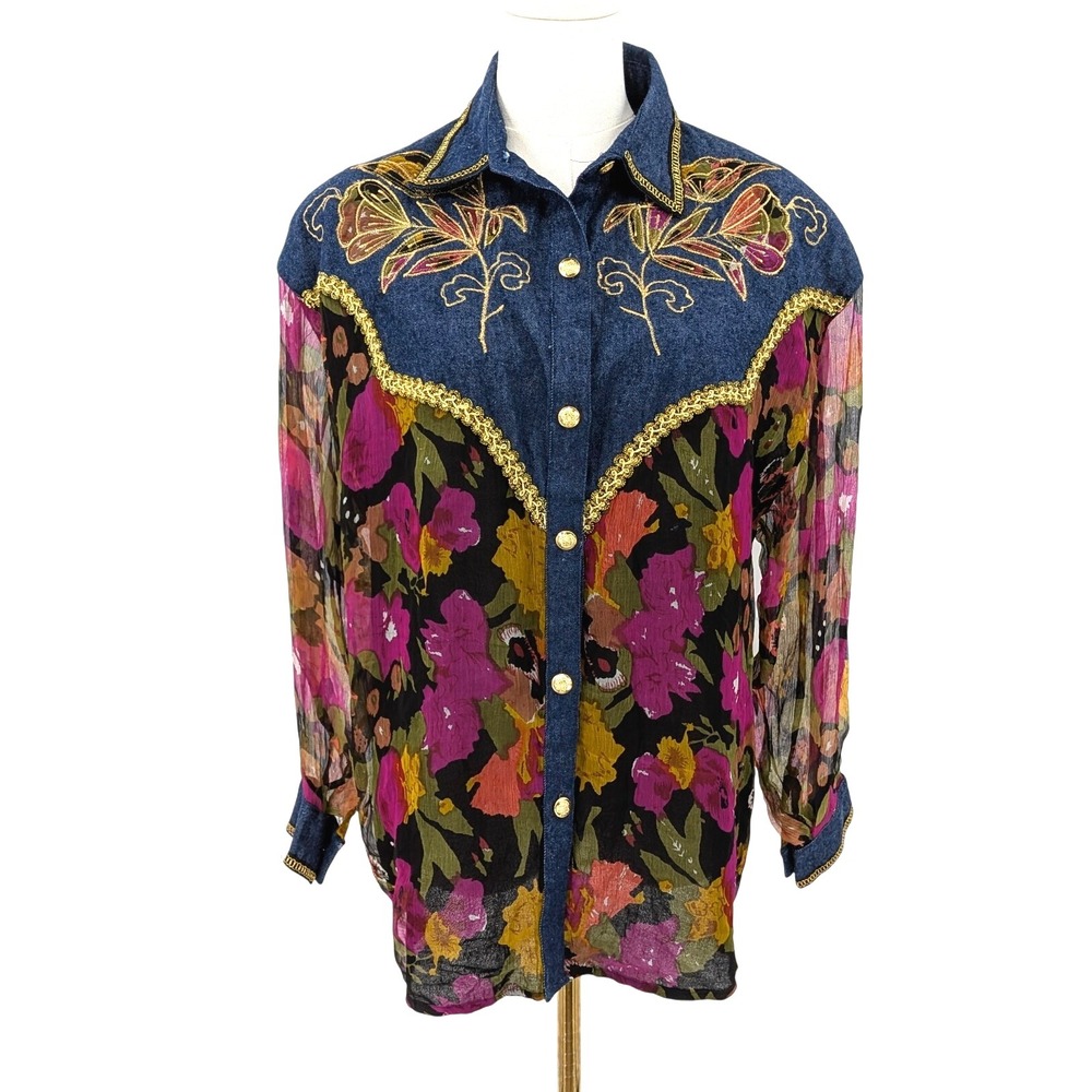Pretty Bleu Denim & Sheer Floral Blouse Size M Western Boho‎ Applique Gold Top